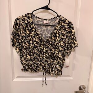 SO Black Floral Drawstring V-Neck Crop Top with Cream and Pale Yellow Flowers